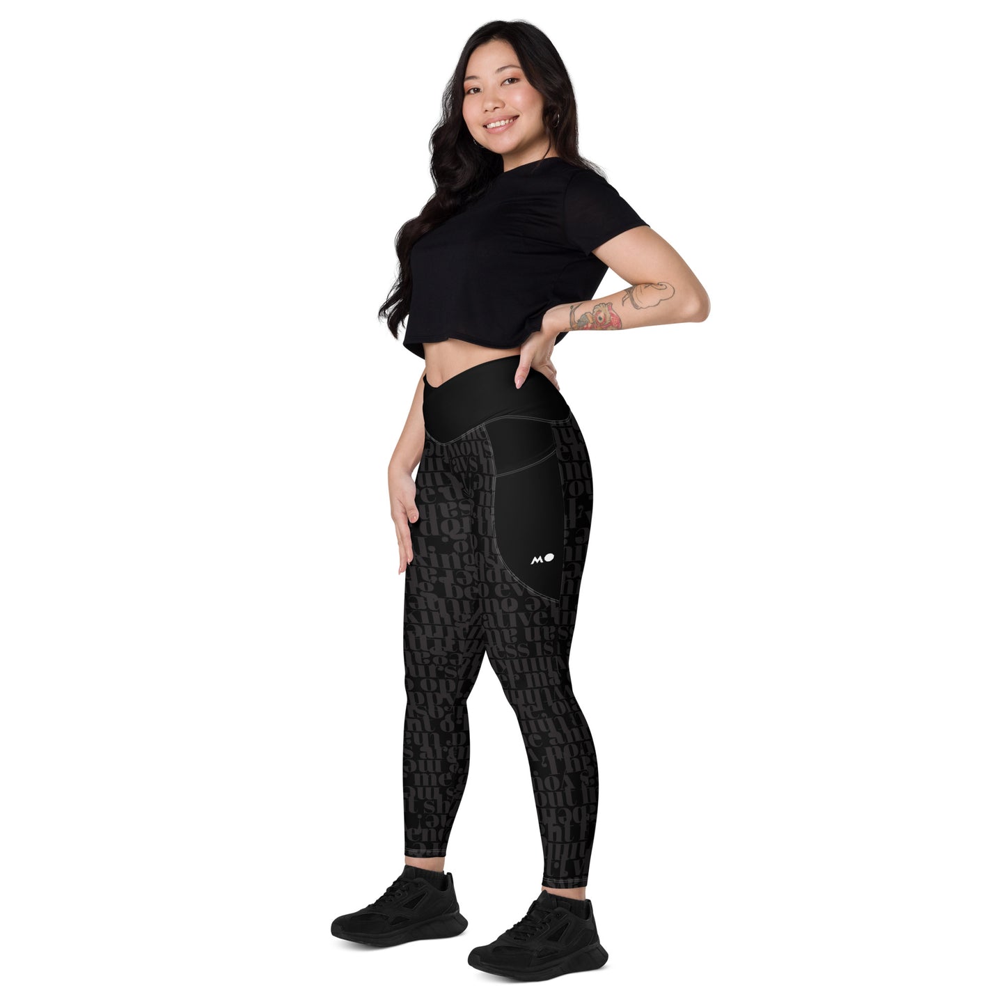 Crossover leggings with pockets / Dark inscription design