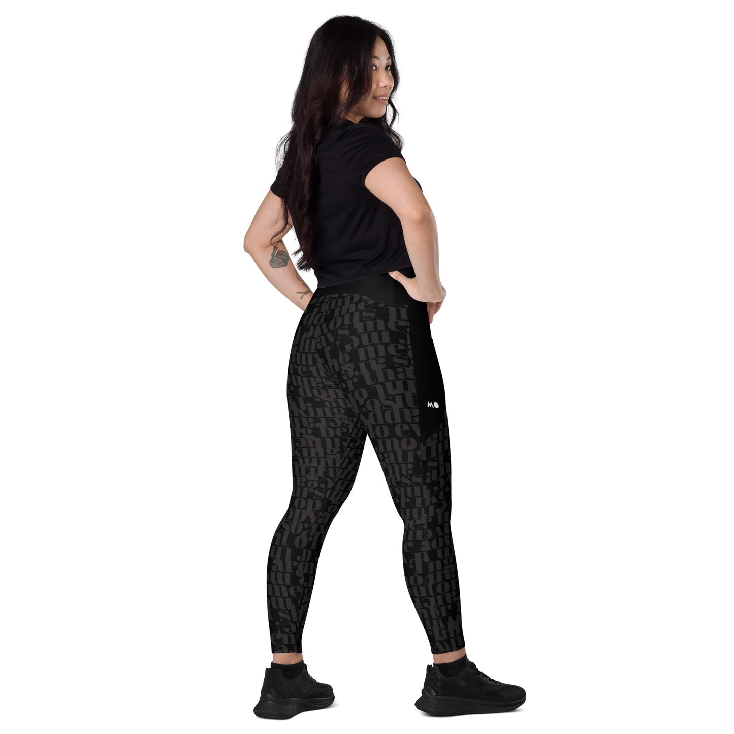 Crossover leggings with pockets / Dark inscription design